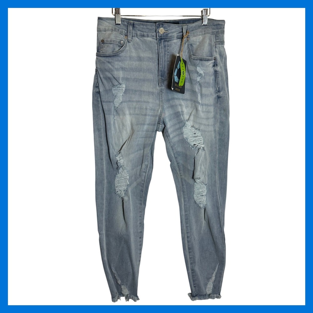 Indigo Rein High Rise Crop Distressed Jeans Light Wash Recycled Denim Size 13/30